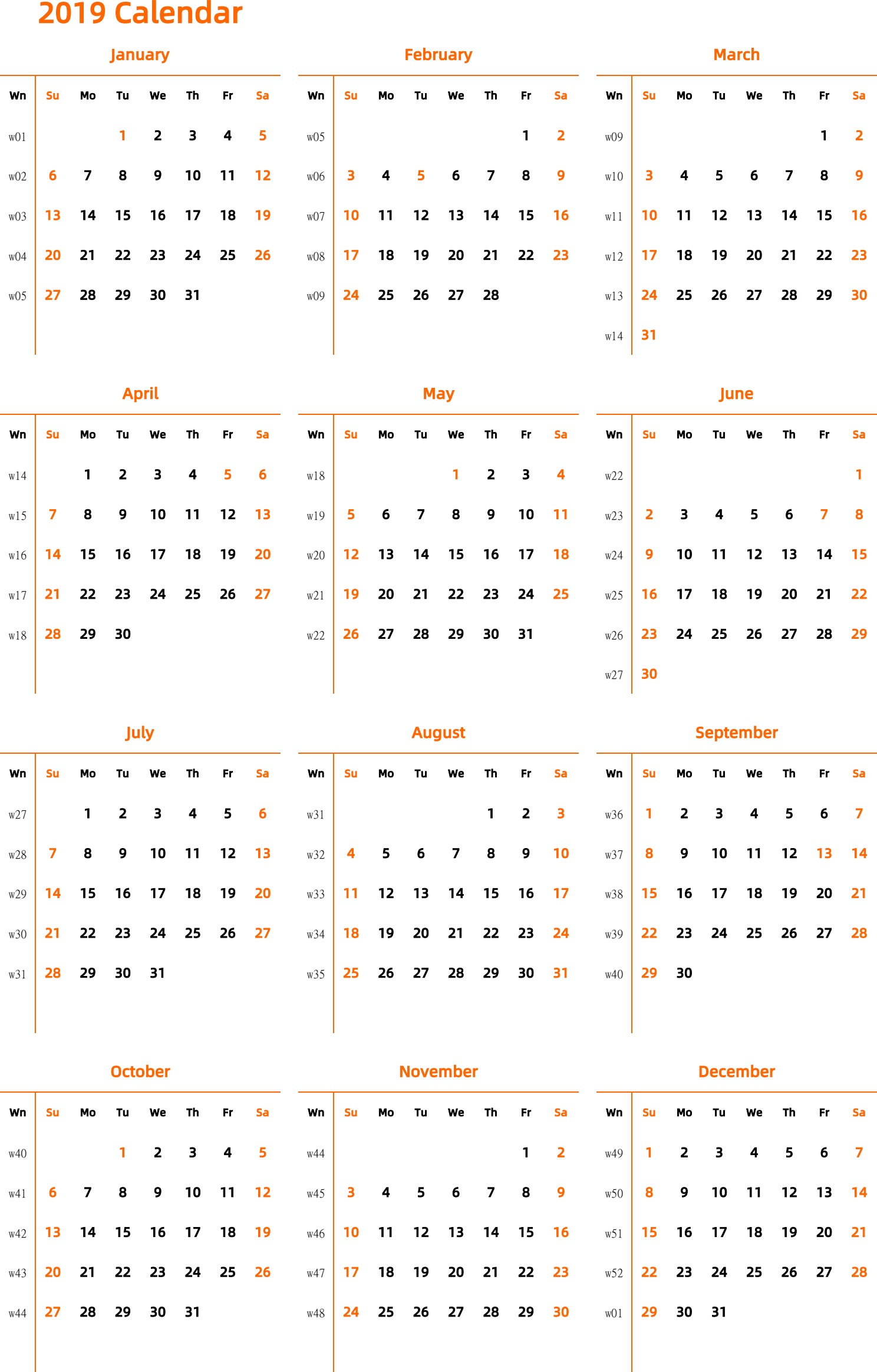 日历表2019年日历 英文版 纵向排版 周日开始 带周数 带节假日调休安排